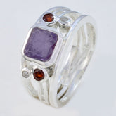 Araya sterling silver ring with square purple center stone garnet accents and scroll details modern purple gemstone ring
